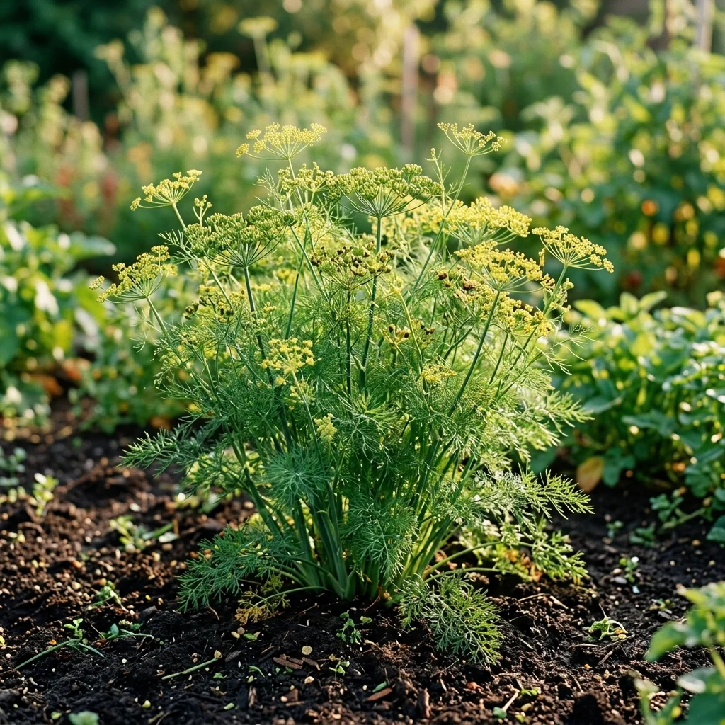 Cultivo de Eneldo en huerto orgánico con hojas frescas, follaje abundante y aroma natural (Anethum graveolens)