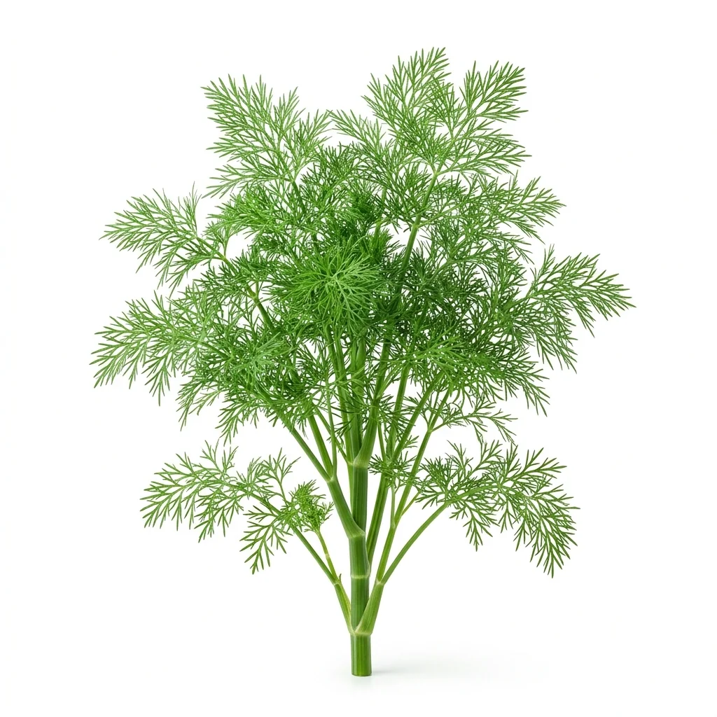 Semillas de Eneldo - Mata de hierba aromática fresca sobre fondo blanco puro para catálogo de semillas Cultivarte (Anethum graveolens)