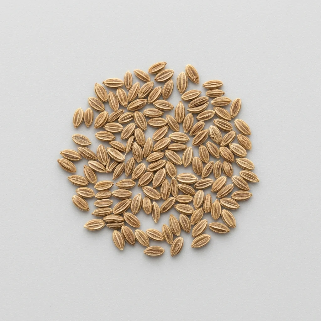 Semillas seleccionadas de Eneldo de alto poder germinativo sobre superficie limpia, mostrando calibre y textura real para siembra (Anethum graveolens)