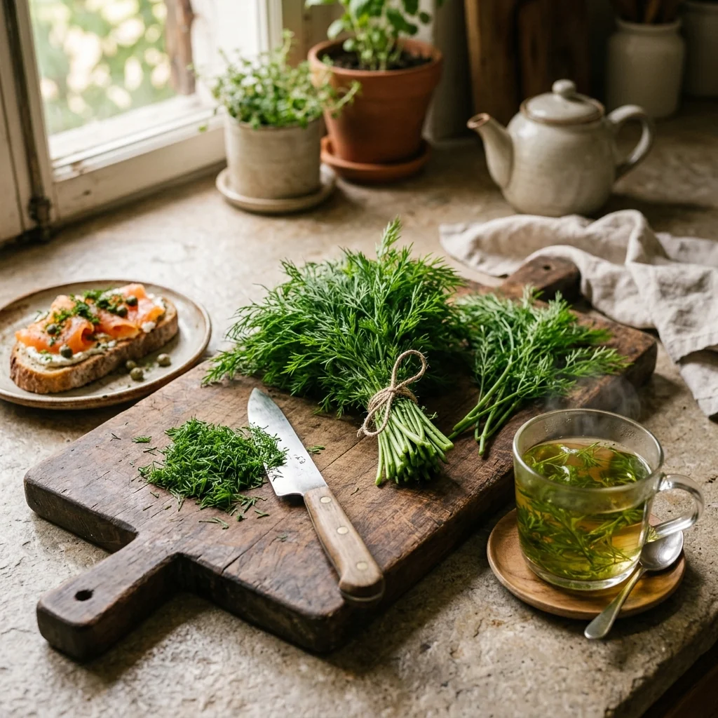 Manojo fresco de Eneldo aromática recién cosechada para uso culinario o infusión casera (Anethum graveolens)