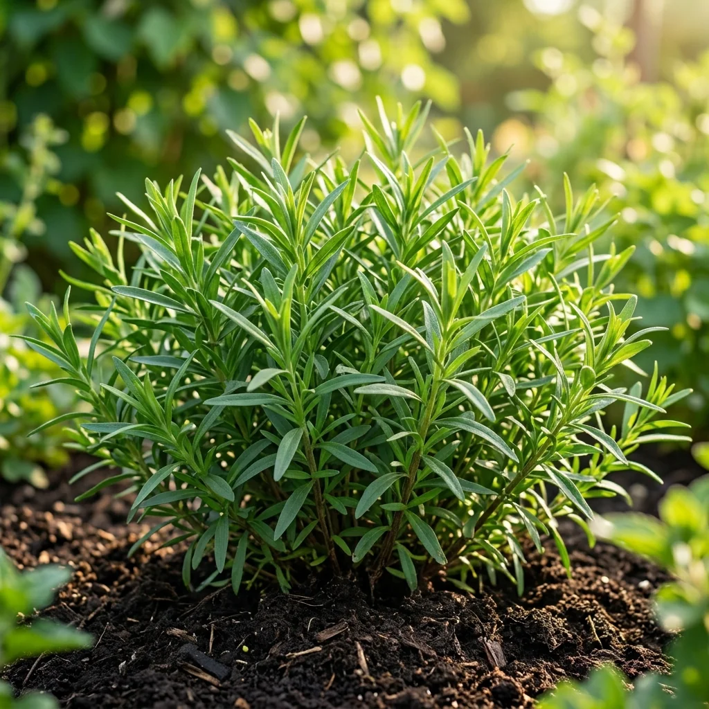 Cultivo de Estragon en huerto orgánico con hojas frescas, follaje abundante y aroma natural (Artemisia dracunculus)