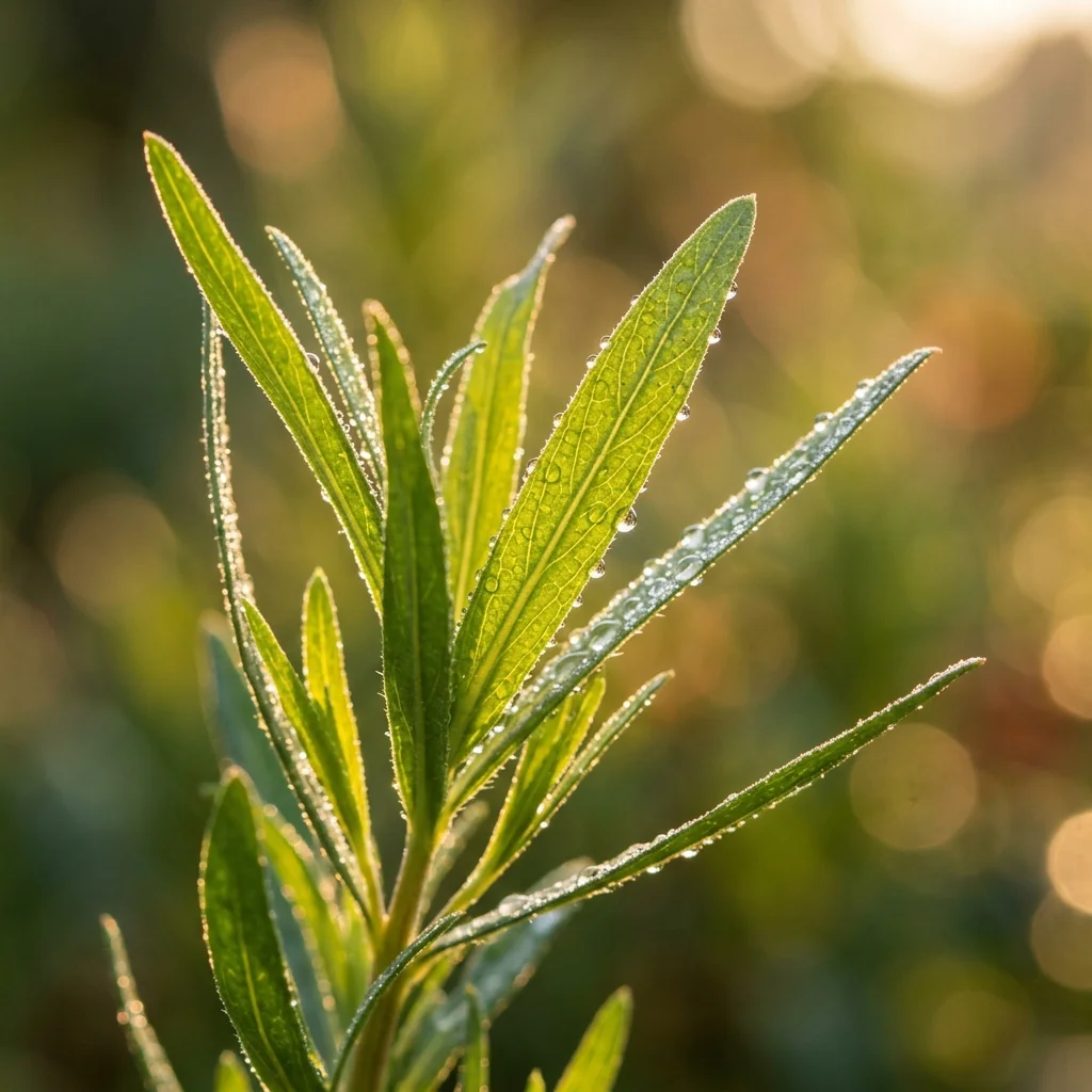 Detalle en primer plano de hojas frescas de Estragon con textura natural y rocío matutino en el huerto (Artemisia dracunculus)
