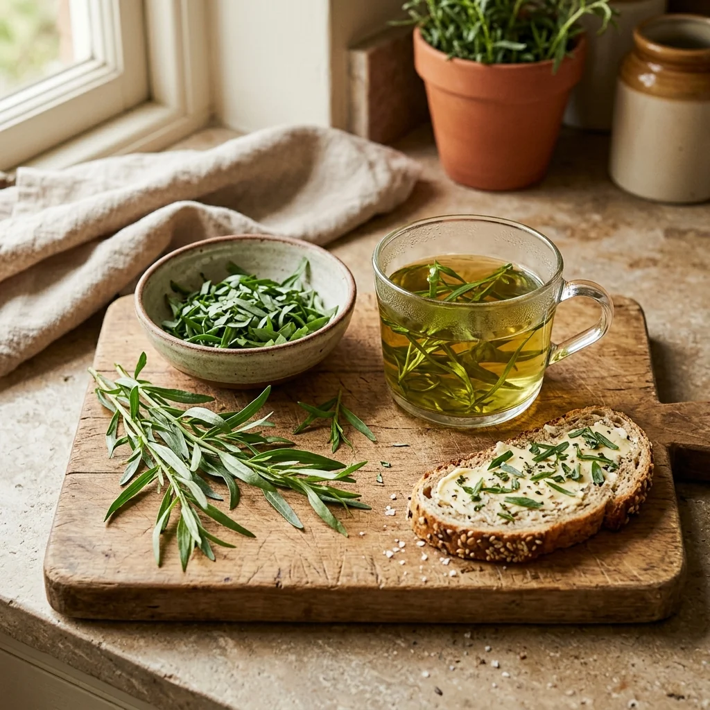 Manojo fresco de Estragon aromática recién cosechada para uso culinario o infusión casera (Artemisia dracunculus)