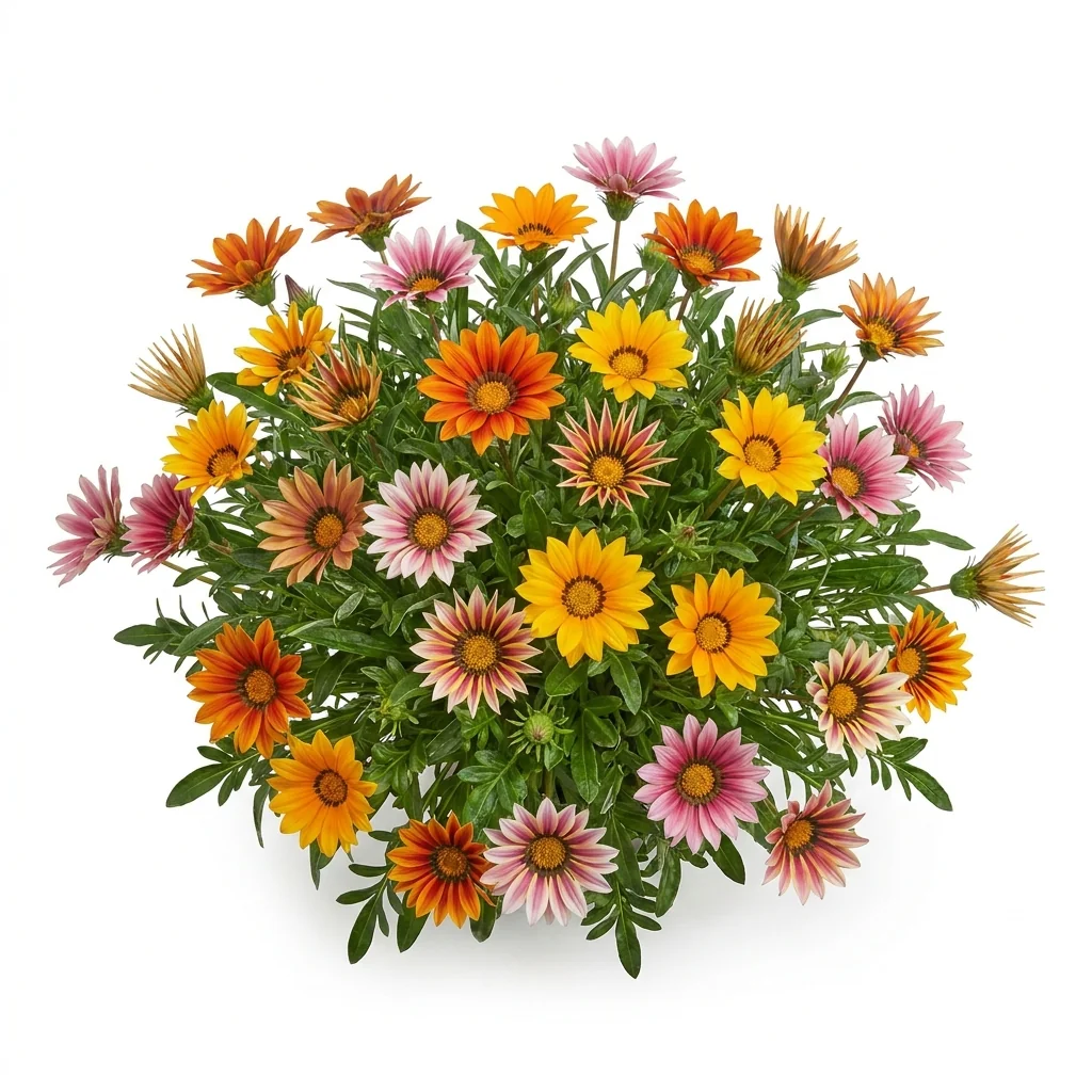 Semillas de Gazania Colores Variados - Planta florecida con colores vivos sobre fondo blanco puro para catálogo de semillas Cultivarte