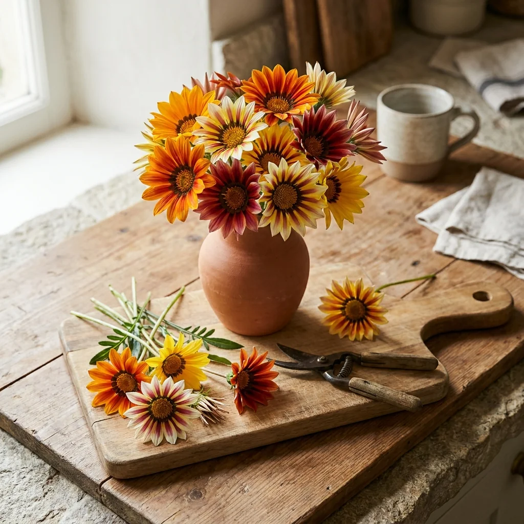 Arreglo decorativo con flores frescas de Gazania Colores Variados en florero artesanal sobre mesa de madera rústica
