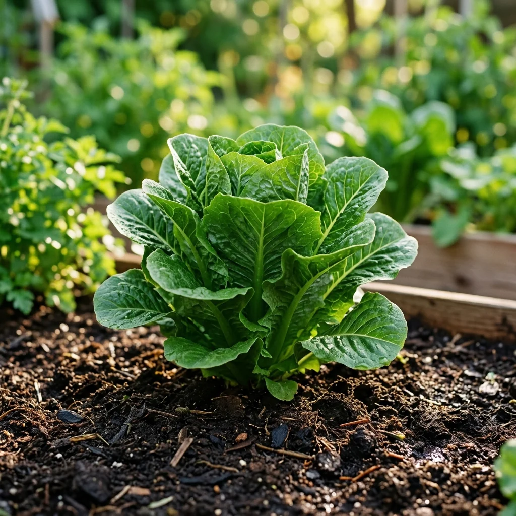 Cultivo de Lechuga Costina creciendo en bancal de huerto vivo con hojas verdes vigorosas y tierra orgánica (Lactuca sativa)