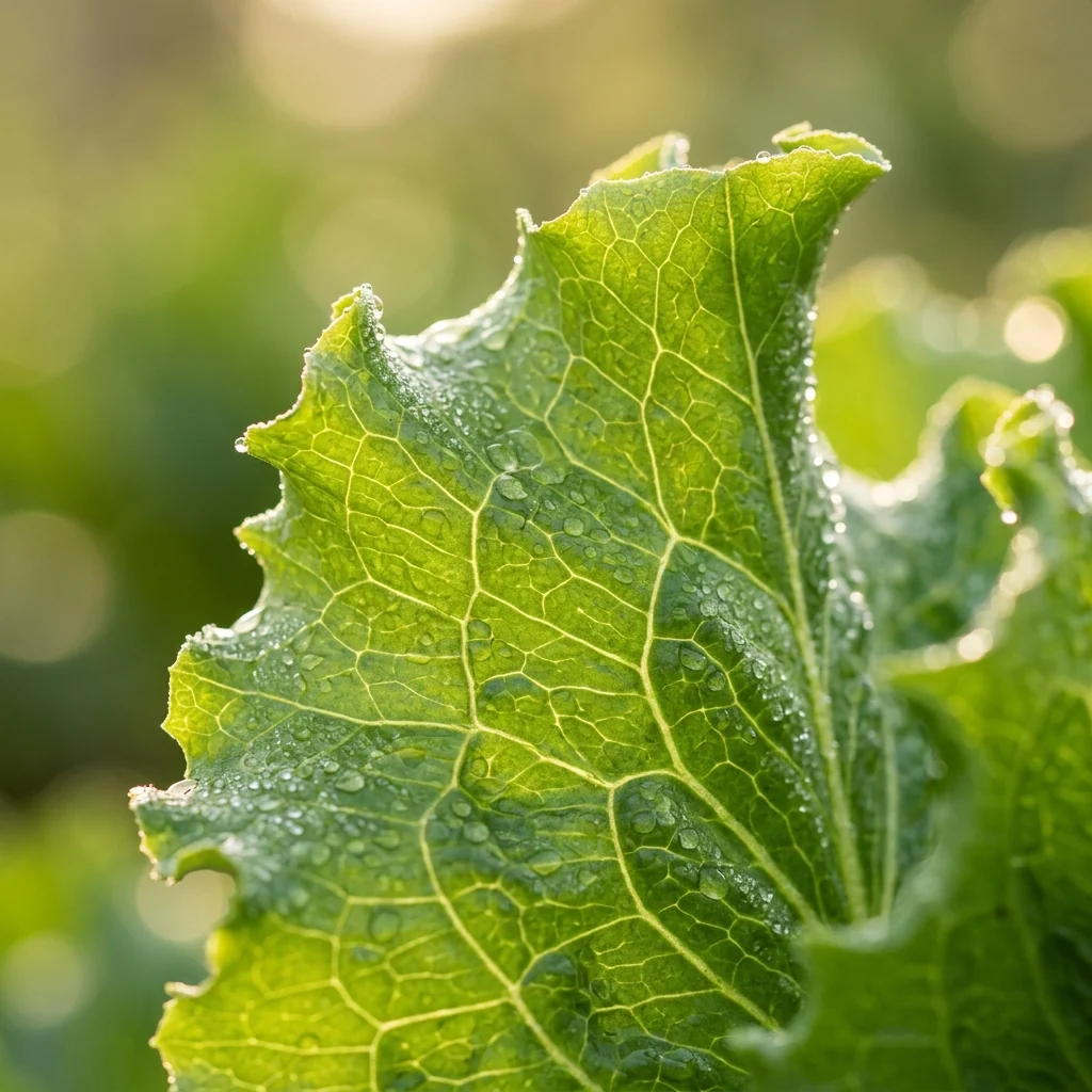 Primer plano macro de hojas y frutos tiernos de Lechuga Costina destacando su frescura y calidad botánica (Lactuca sativa)