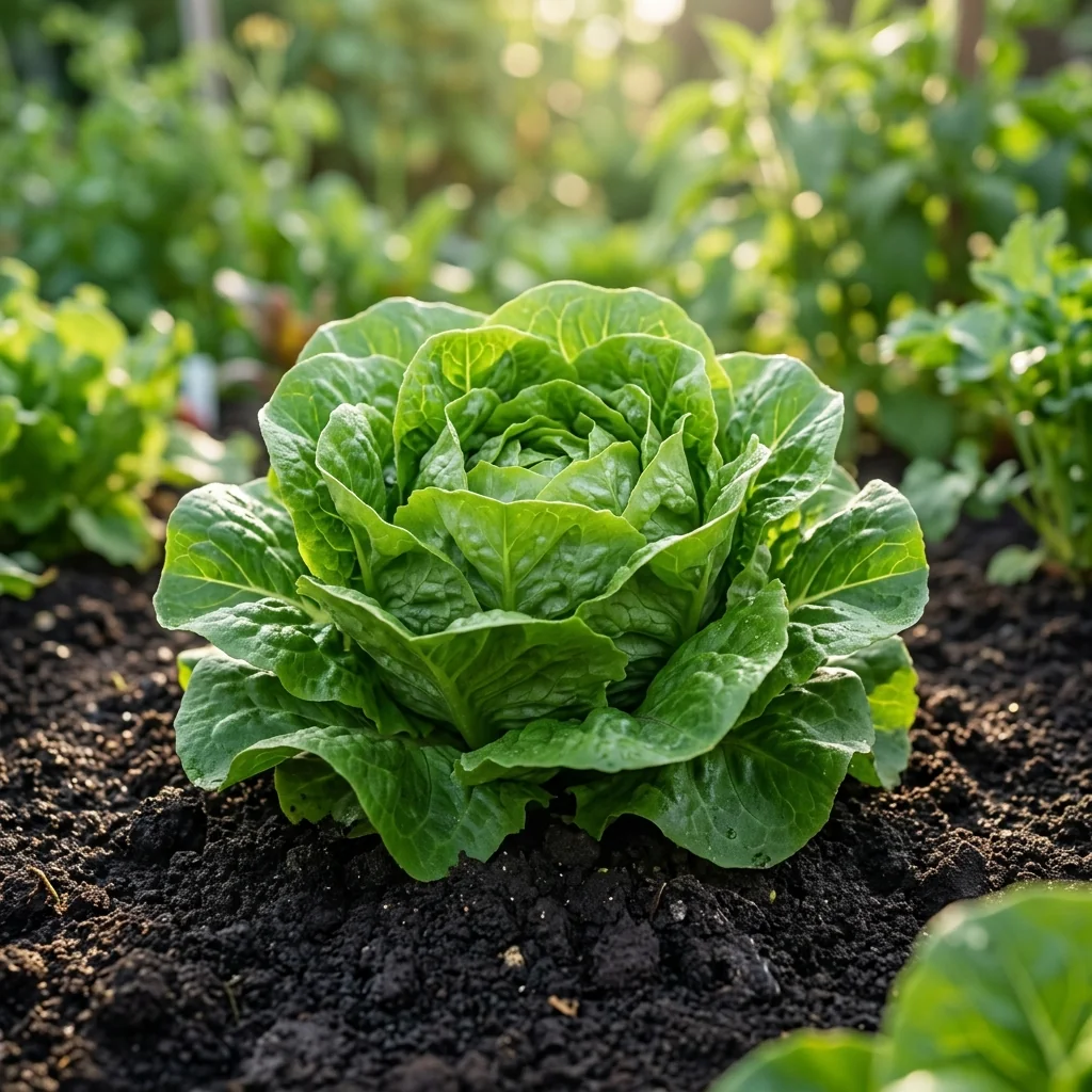 Cultivo de Lechuga Española creciendo en bancal de huerto vivo con hojas verdes vigorosas y tierra orgánica (Lactuca sativa)