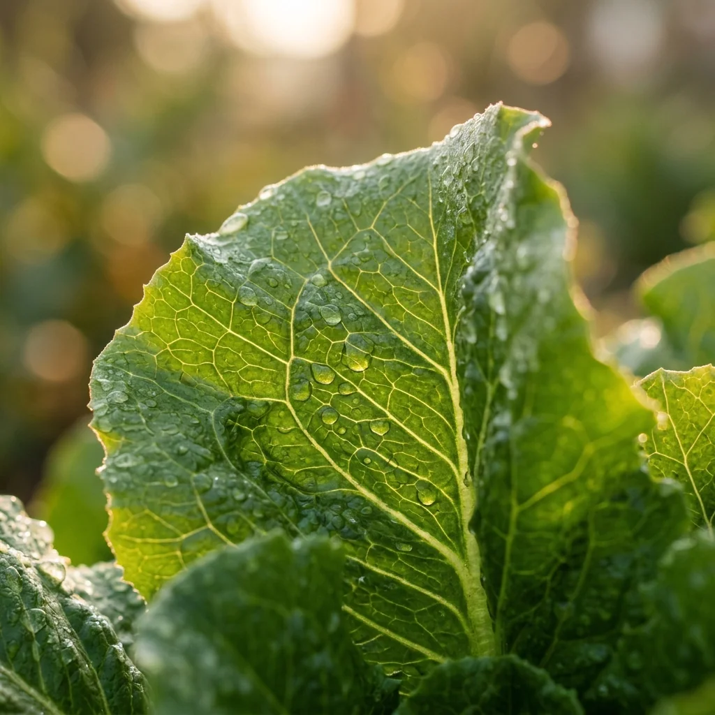 Primer plano macro de hojas y frutos tiernos de Lechuga Española destacando su frescura y calidad botánica (Lactuca sativa)
