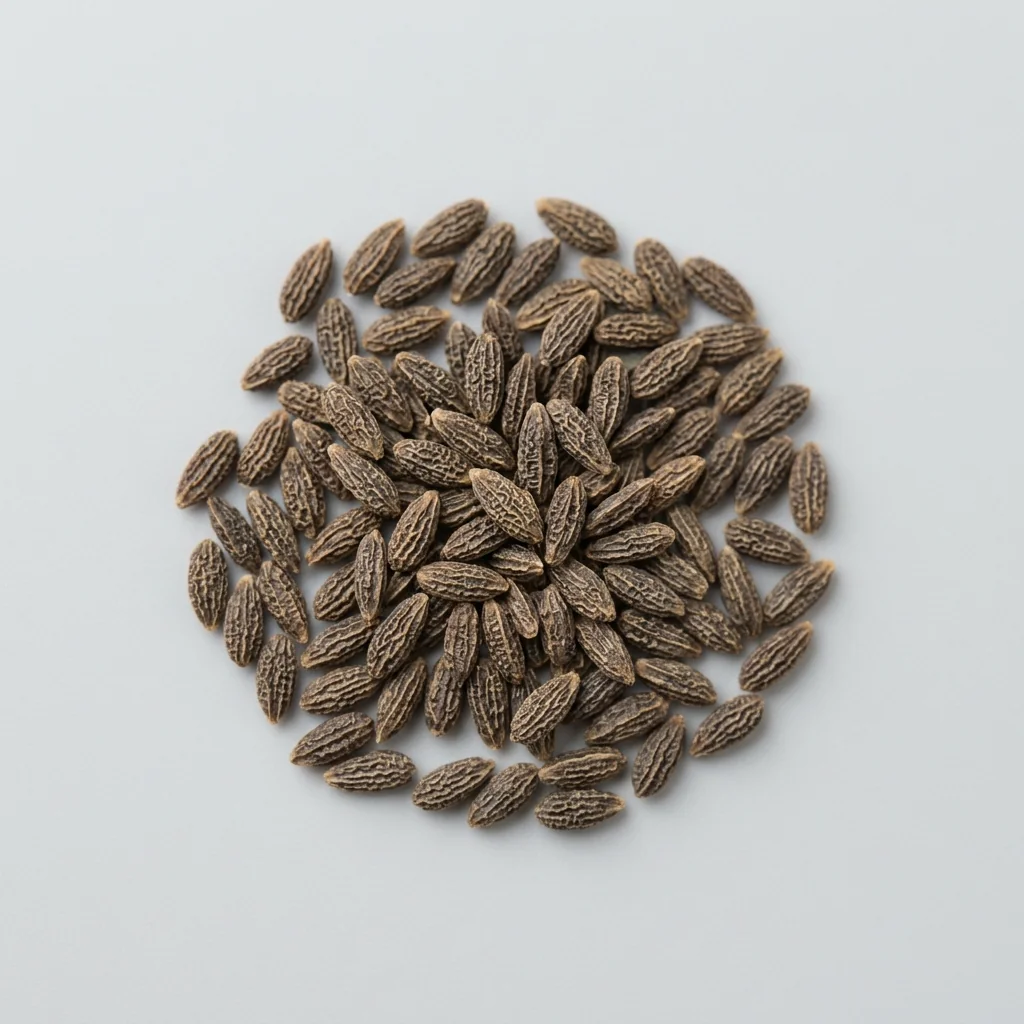Semillas seleccionadas de Lechuga Española de alto poder germinativo sobre superficie limpia, mostrando calibre y textura real para siembra (Lactuca sativa)