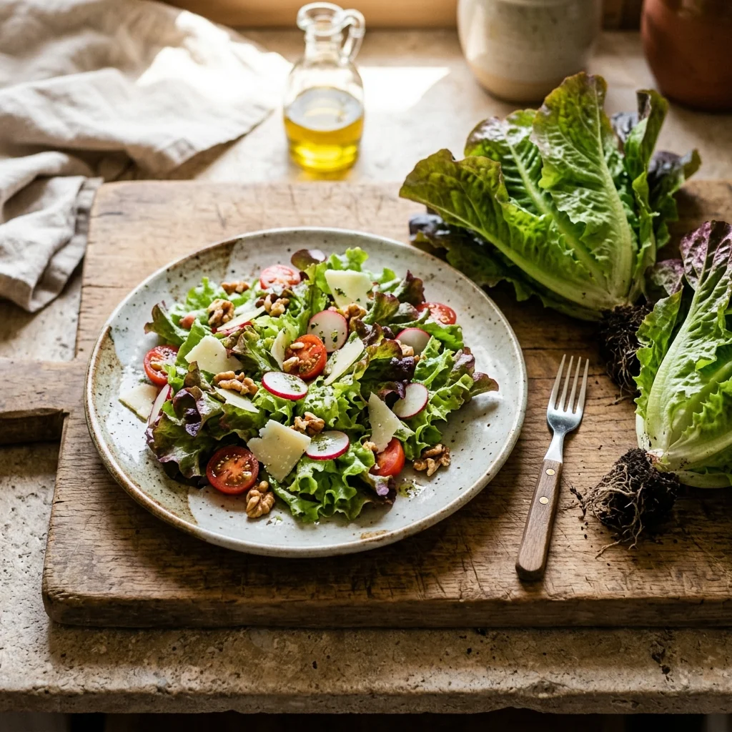 Cosecha fresca de Lechuga Española recolectada en canasto preparada para consumo culinario y nutrición saludable (Lactuca sativa)