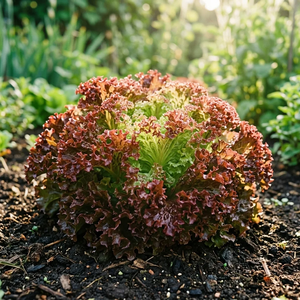 Cultivo de Lechuga Lollo Rubia creciendo en bancal de huerto vivo con hojas verdes vigorosas y tierra orgánica (Lactuca sativa)