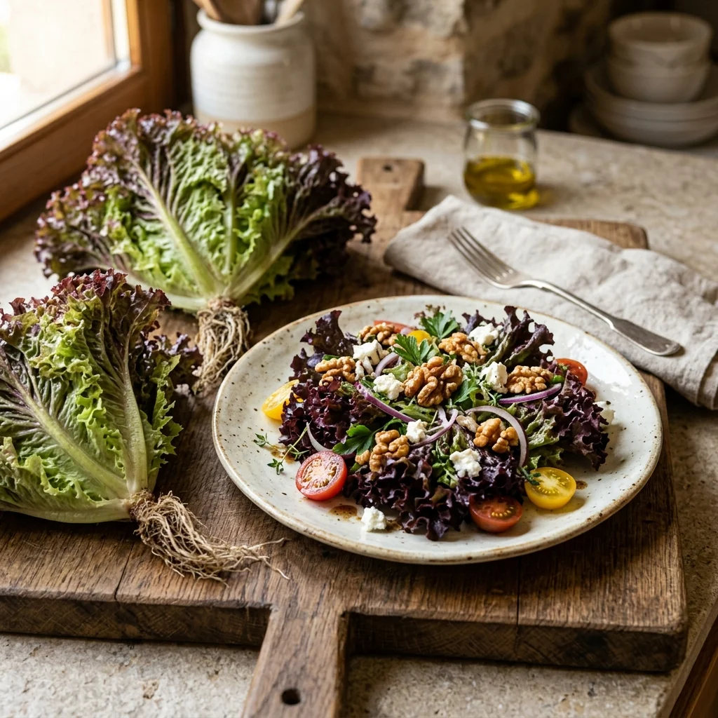 Cosecha fresca de Lechuga Lollo Rubia recolectada en canasto preparada para consumo culinario y nutrición saludable (Lactuca sativa)