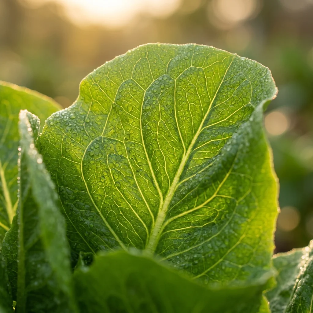 Primer plano macro de hojas y frutos tiernos de Lechuga Milanesa destacando su frescura y calidad botánica (Lactuca sativa)