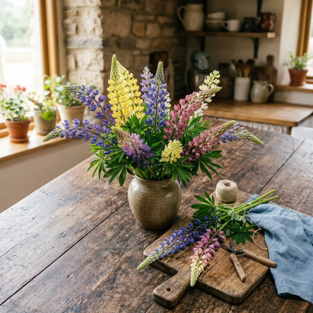 Arreglo decorativo con flores frescas de Lupinus Colores Variados en florero artesanal sobre mesa de madera rústica (Lupinus polyphyllus)