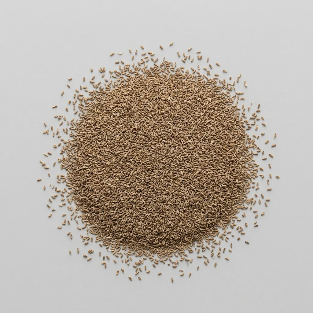 Semillas seleccionadas de Manzanilla de alto poder germinativo sobre superficie limpia, mostrando calibre y textura real para siembra (Matricaria chamomilla)