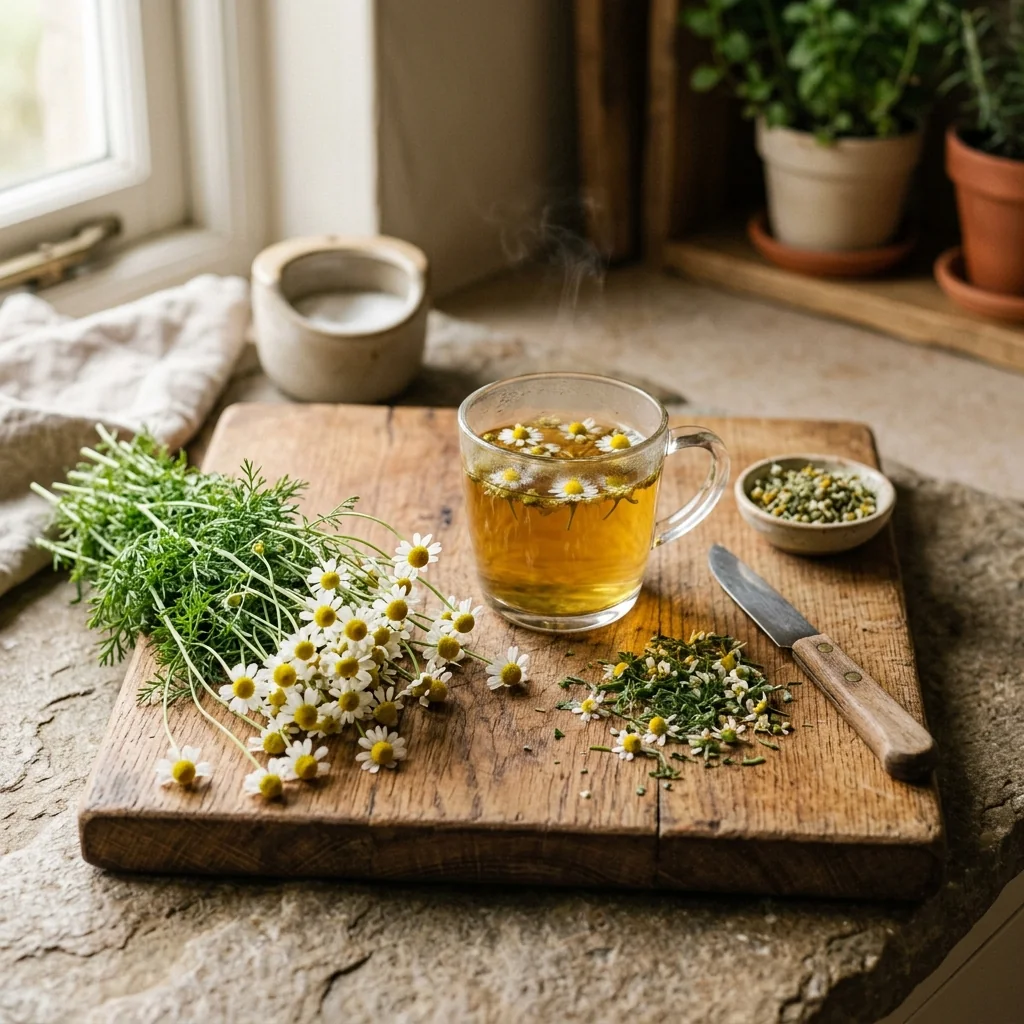 Manojo fresco de Manzanilla aromática recién cosechada para uso culinario o infusión casera (Matricaria chamomilla)