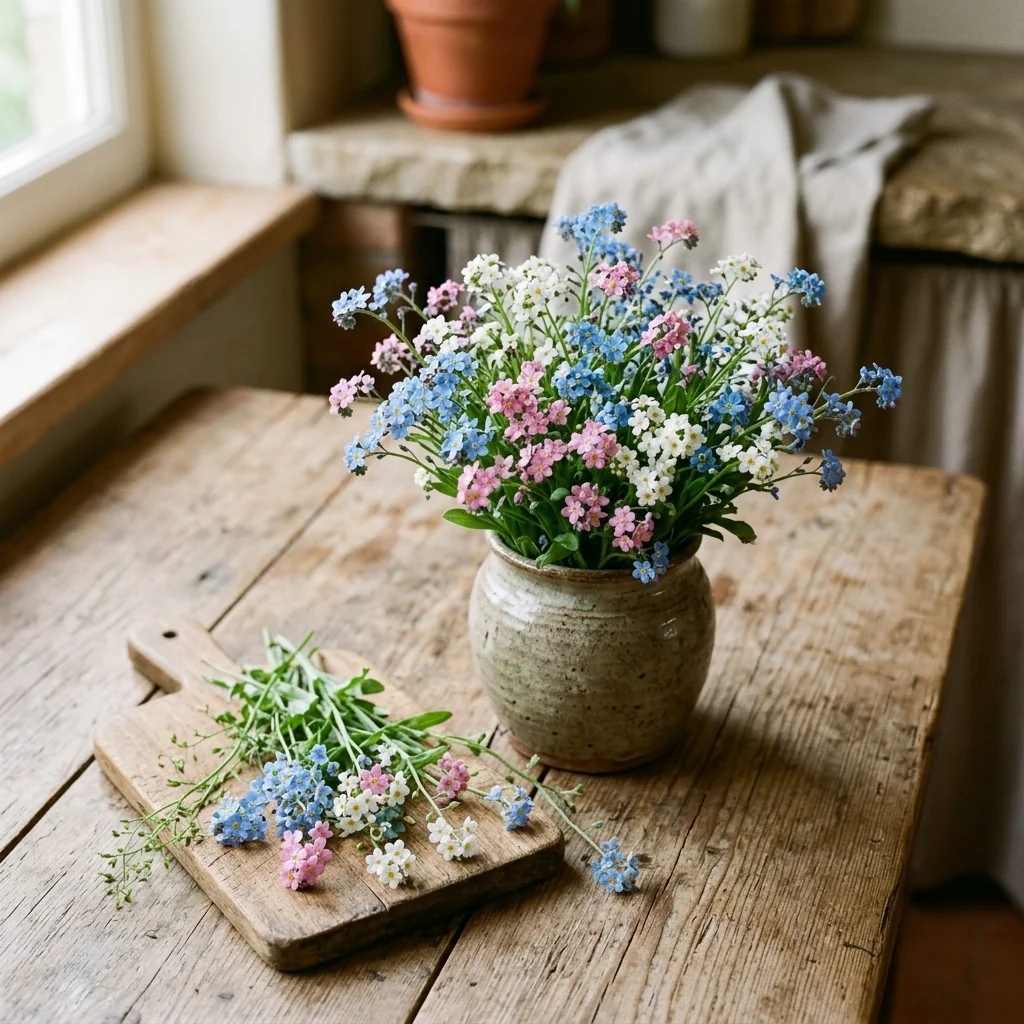 Arreglo decorativo con flores frescas de No Me Olvides Colores Variados en florero artesanal sobre mesa de madera rústica (Myosotis sylvatica)