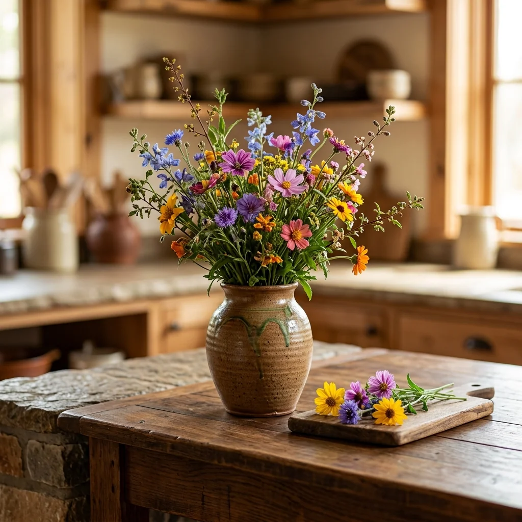 Arreglo decorativo con flores frescas de Pajarito Colores Variados en florero artesanal sobre mesa de madera rústica (Linaria maroccana)