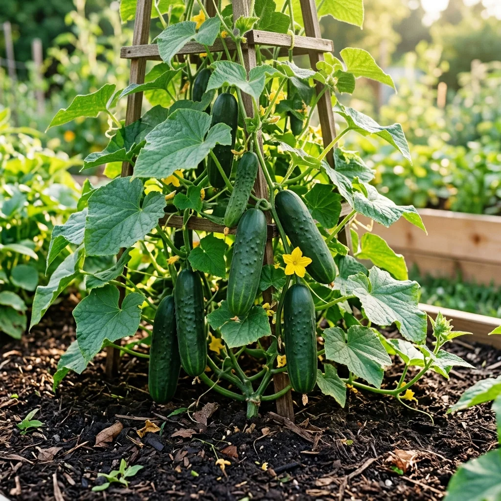 Cultivo de Pepino Marketmore 76 creciendo en bancal de huerto vivo con hojas verdes vigorosas y tierra orgánica (Cucumis sativus)