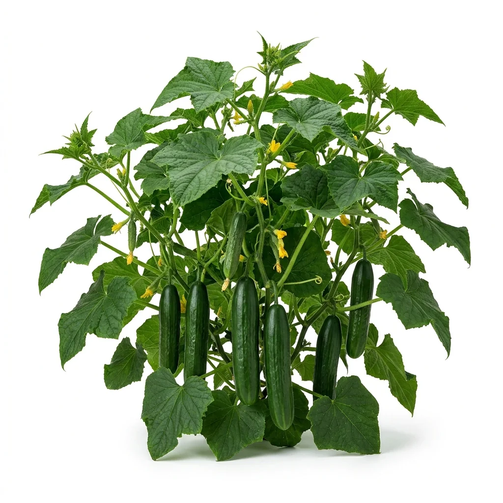 Semillas de Pepino Marketmore 76 - Planta de hortaliza desarrollada sobre fondo blanco puro para catálogo de semillas Cultivarte (Cucumis sativus)
