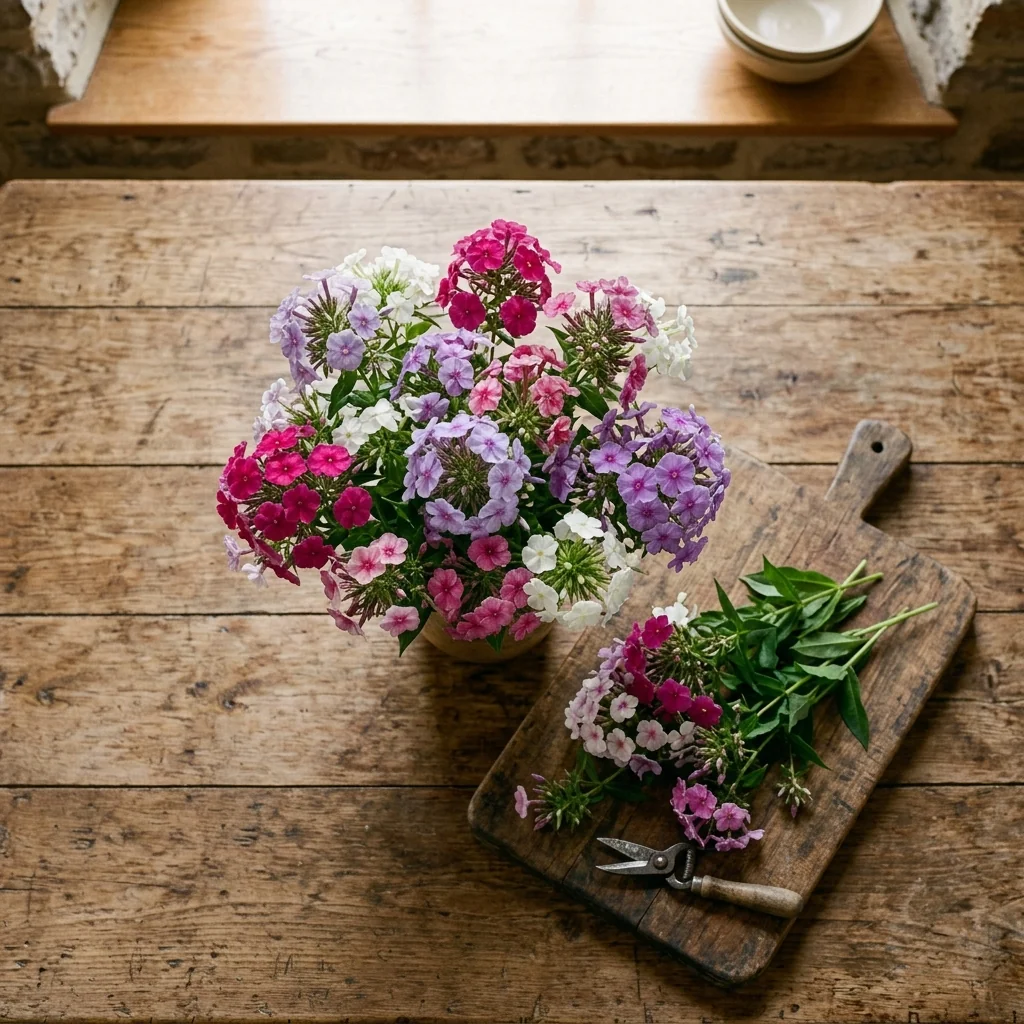 Arreglo decorativo con flores frescas de Phlox Colores Variados en florero artesanal sobre mesa de madera rústica (Phlox drummondii)