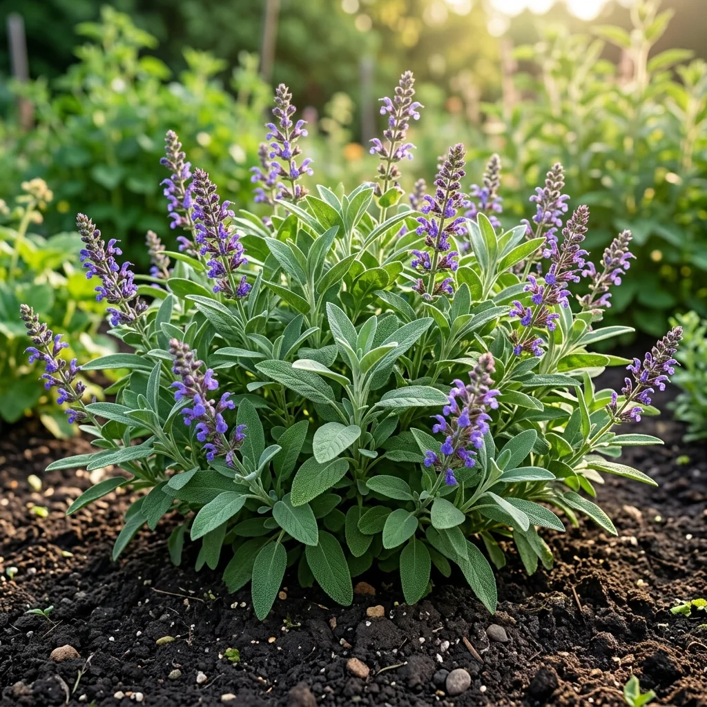 Cultivo de Salvia en huerto orgánico con hojas frescas, follaje abundante y aroma natural (Salvia splendens)