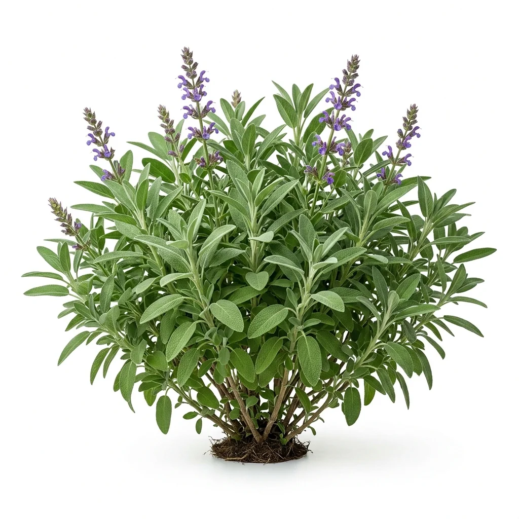 Semillas de Salvia - Mata de hierba aromática fresca sobre fondo blanco puro para catálogo de semillas Cultivarte (Salvia splendens)