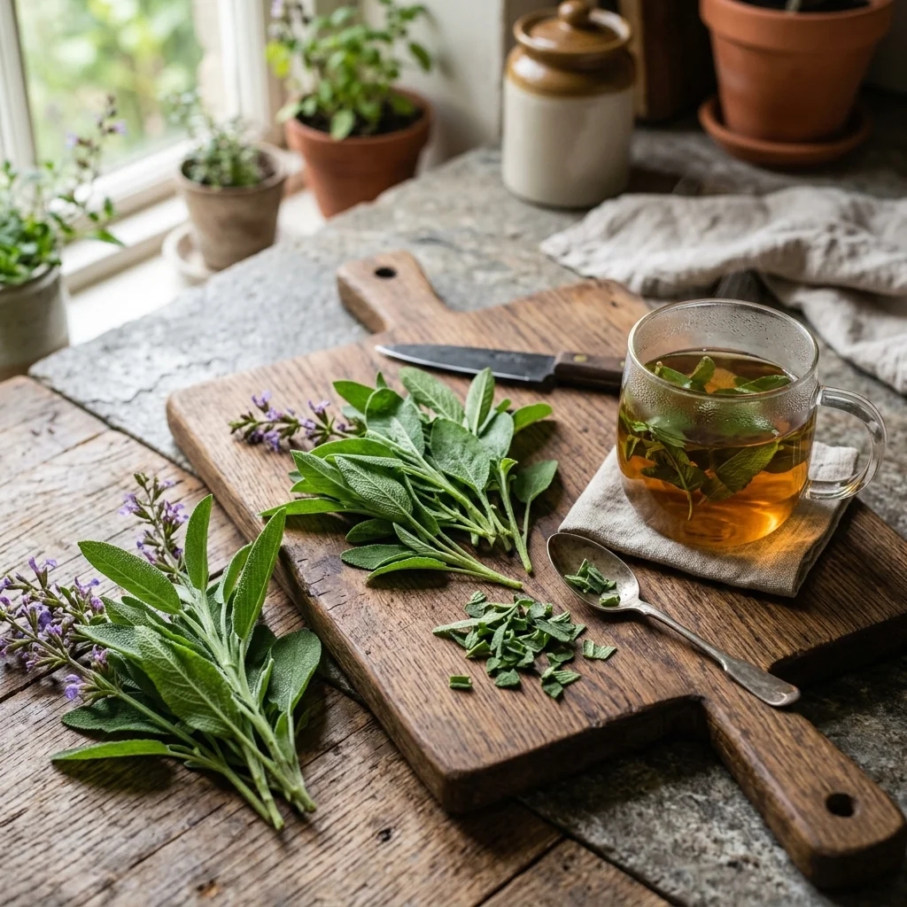 Manojo fresco de Salvia aromática recién cosechada para uso culinario o infusión casera (Salvia splendens)