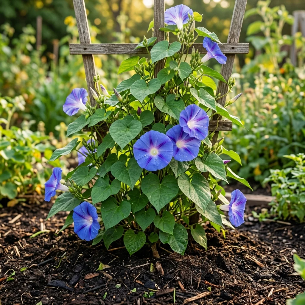 Cultivo de Suspiro Azul Gigante floreciendo con vigor en huerto vivo con tierra fértil y hojas verdes saludables (Ipomoea purpurea)