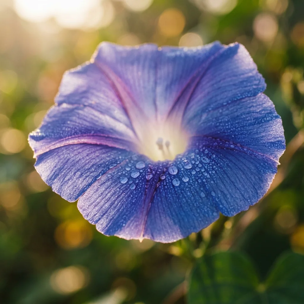 Primer plano macro de la flor de Suspiro Azul Gigante mostrando textura de pétalos y color natural en jardín soleado (Ipomoea purpurea)