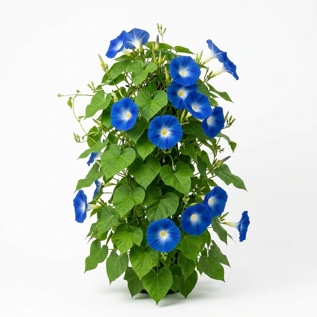 Semillas de Suspiro Azul Gigante - Planta florecida con colores vivos sobre fondo blanco puro para catálogo de semillas Cultivarte (Ipomoea purpurea)