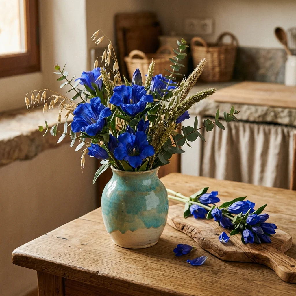 Arreglo decorativo con flores frescas de Suspiro Azul Gigante en florero artesanal sobre mesa de madera rústica (Ipomoea purpurea)