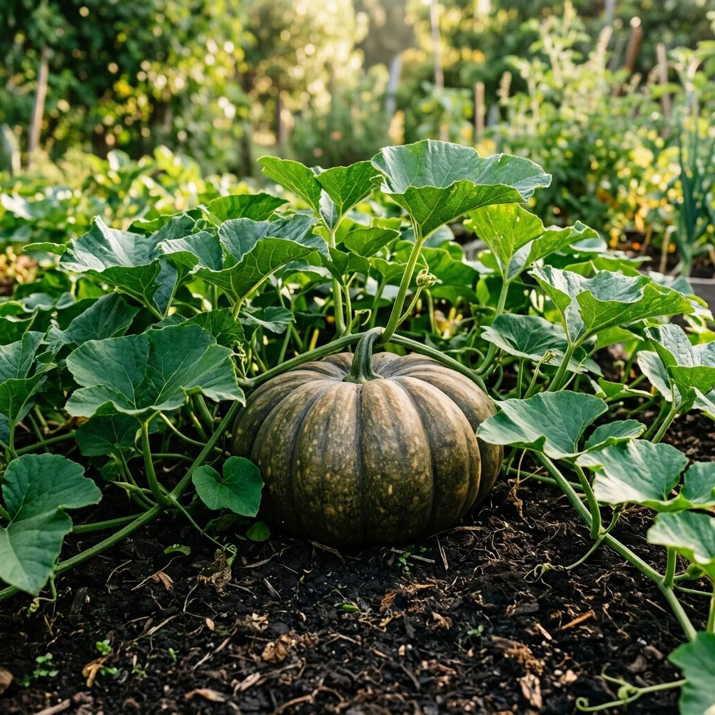 Cultivo de Zapallo Camote de Guarda creciendo en bancal de huerto vivo con hojas verdes vigorosas y tierra orgánica (Cucurbita maxima)