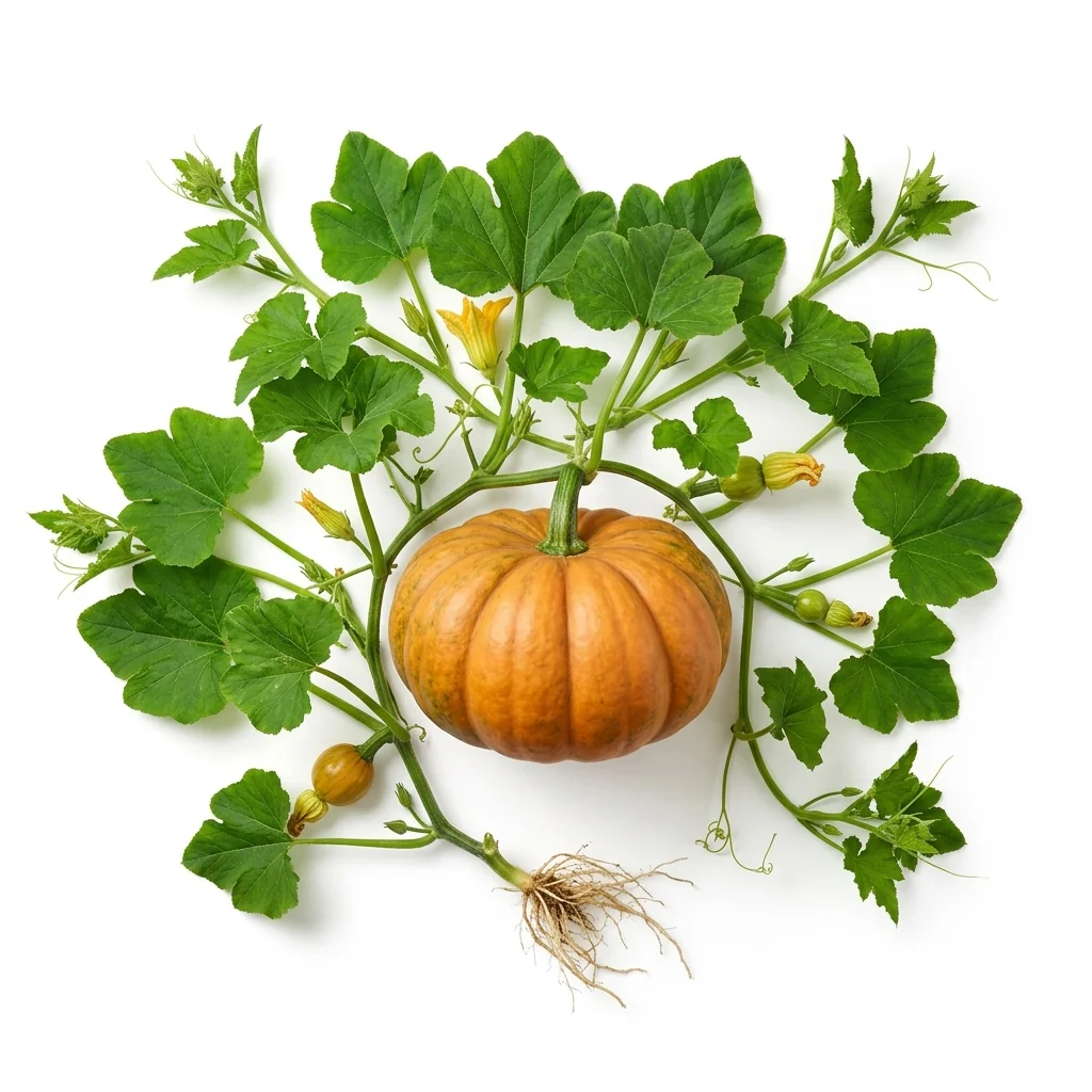 Semillas de Zapallo Camote de Guarda - Planta de hortaliza desarrollada sobre fondo blanco puro para catálogo de semillas Cultivarte (Cucurbita maxima)