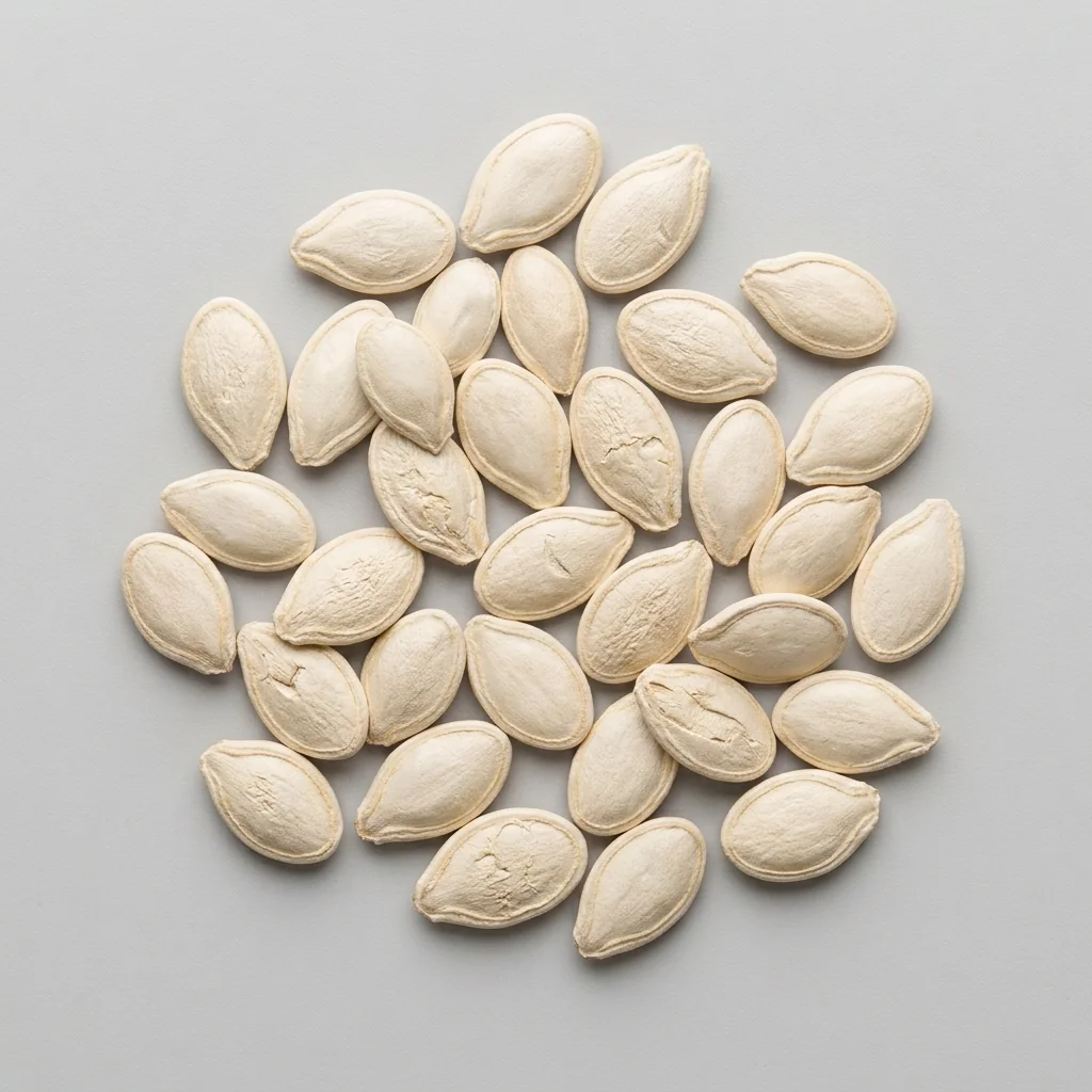Semillas seleccionadas de Zapallo Camote de Guarda de alto poder germinativo sobre superficie limpia, mostrando calibre y textura real para siembra (Cucurbita maxima)