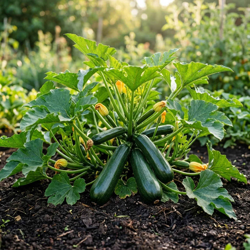 Cultivo de Zapallo Italiano creciendo en bancal de huerto vivo con hojas verdes vigorosas y tierra orgánica (Cucurbita maxima)