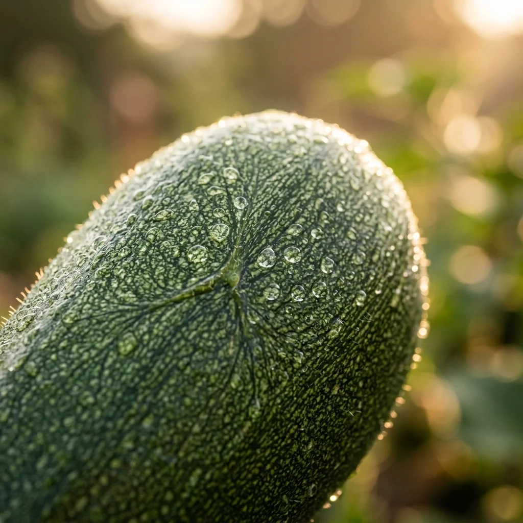 Primer plano macro de hojas y frutos tiernos de Zapallo Italiano destacando su frescura y calidad botánica (Cucurbita maxima)