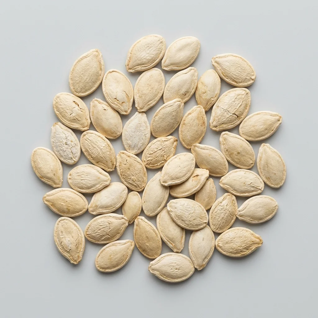 Semillas seleccionadas de Zapallo Italiano de alto poder germinativo sobre superficie limpia, mostrando calibre y textura real para siembra (Cucurbita maxima)